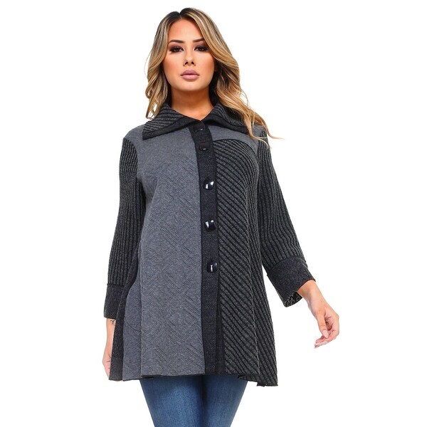 Women's Gray Multi-Pattern Patchwork Button Down Jacket. Opens flyout.