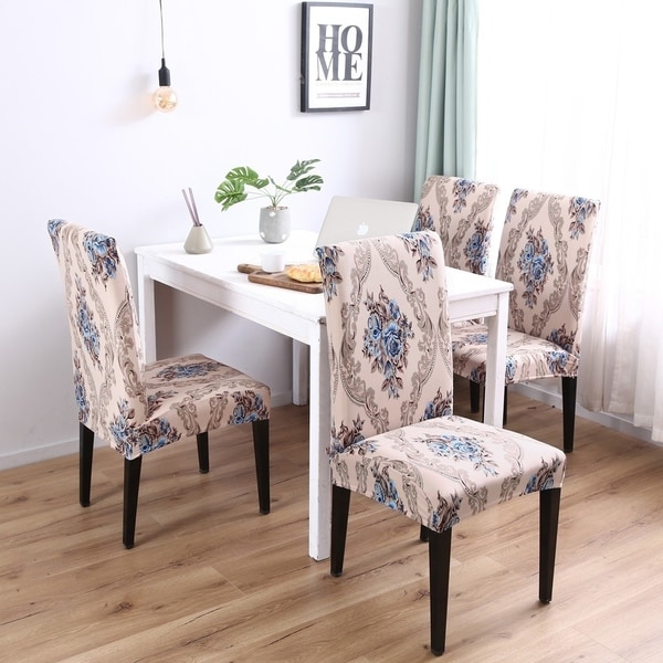 Enova Home Brown Pattern Elegant Polyester and Spandex Stretch Washable Dining Chair Slipcover Set of 4