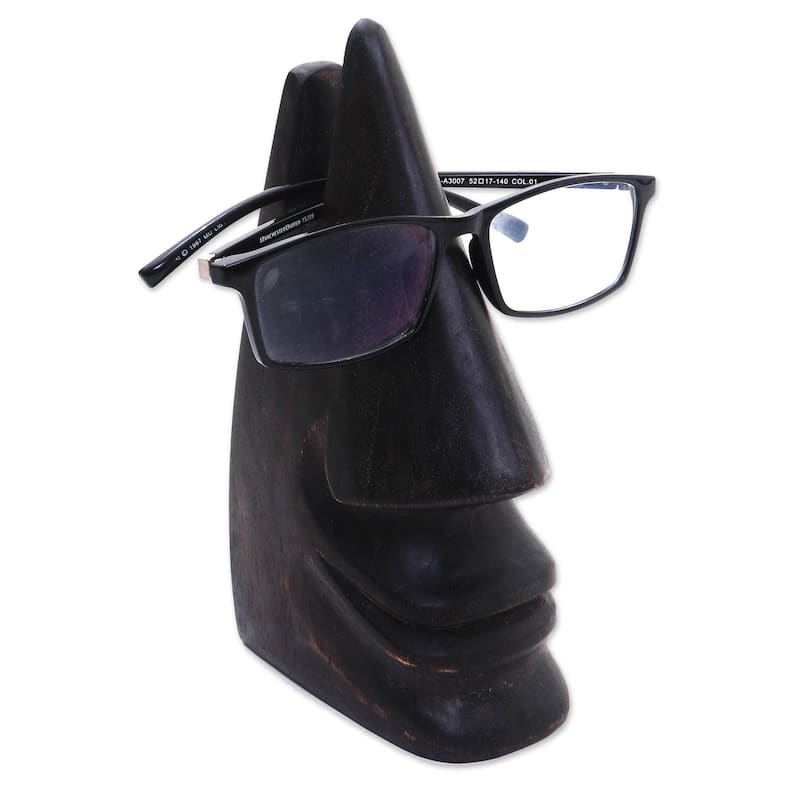 Handmade Around in Dark Brown Wood eyeglasses holder (Indonesia) - 7" H x 3.9" W x 2.4" D