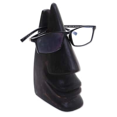 Handmade Around in Dark Brown Wood eyeglasses holder (Indonesia) - 7" H x 3.9" W x 2.4" D