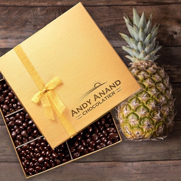 Andy Anand Chocolates- Freshly Farmed Pineapples Covered In Brazilian Rich Dark Chocolate, Greeting Card Comes in Gift Basket