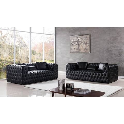 Leatherette Black Tufted Sofa Set with Accent Pillows (Set of 2)