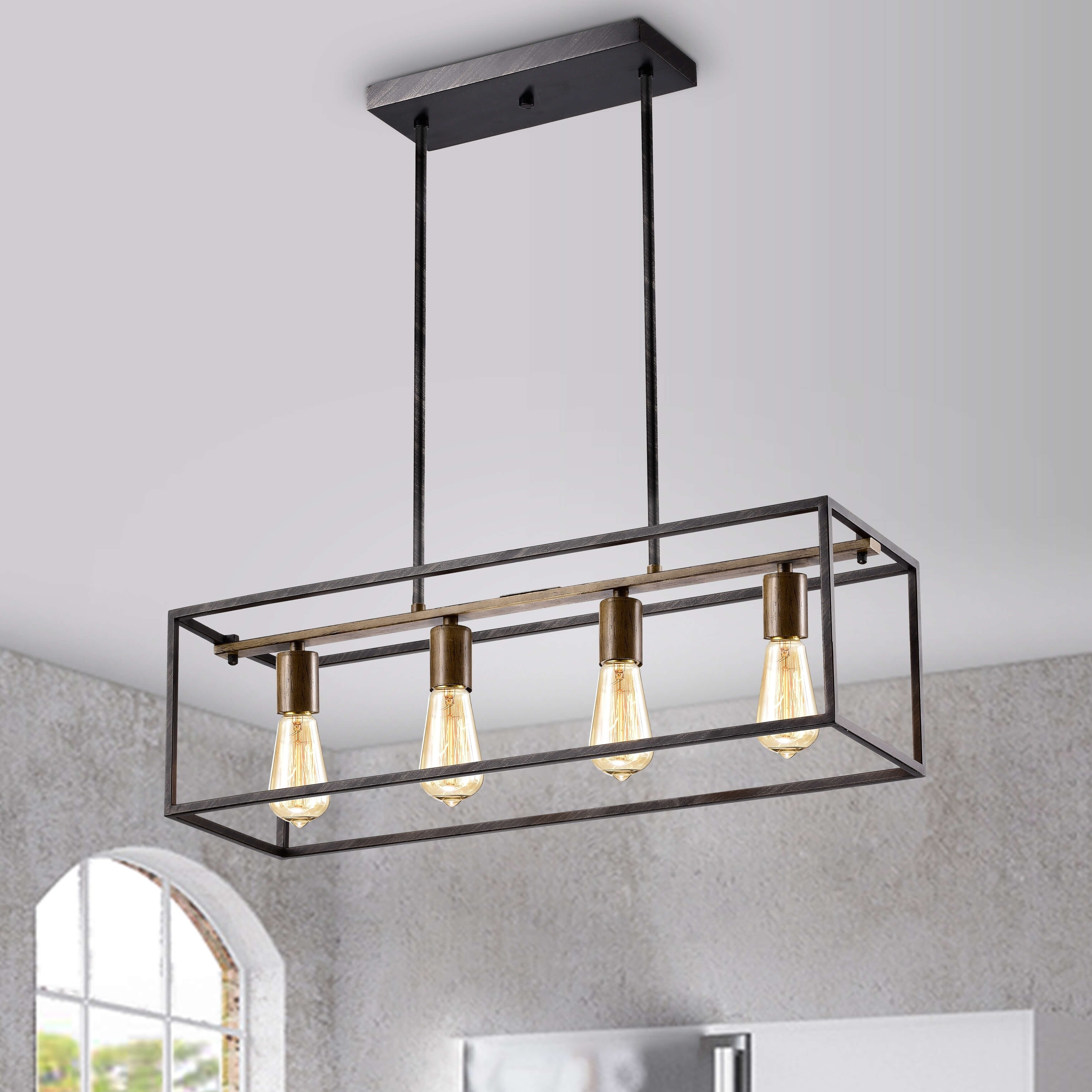 Joshua Antique Black and Wood-Color Finish Rectangular Iron Pendant - Chandeliers For Bedrooms by Overstock.com