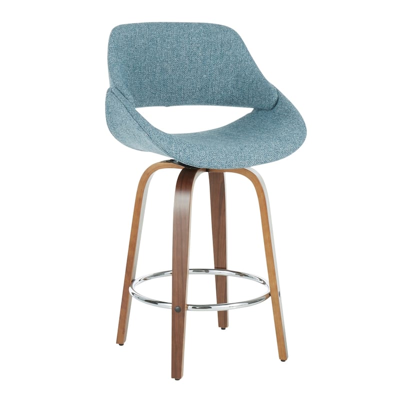 Carson Carrington Svellingen 26" Fixed-Height Counter Stool with Round Chrome Footrest (Set of 2) - Blue Noise Fabric/Walnut Wood