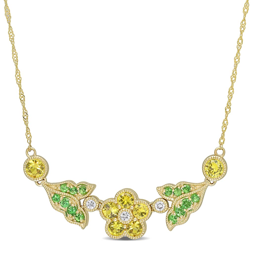 Miadora 10k Yellow Gold Yellow Sapphire and Tsavorite with Diamond Accents Floral Bar Necklace