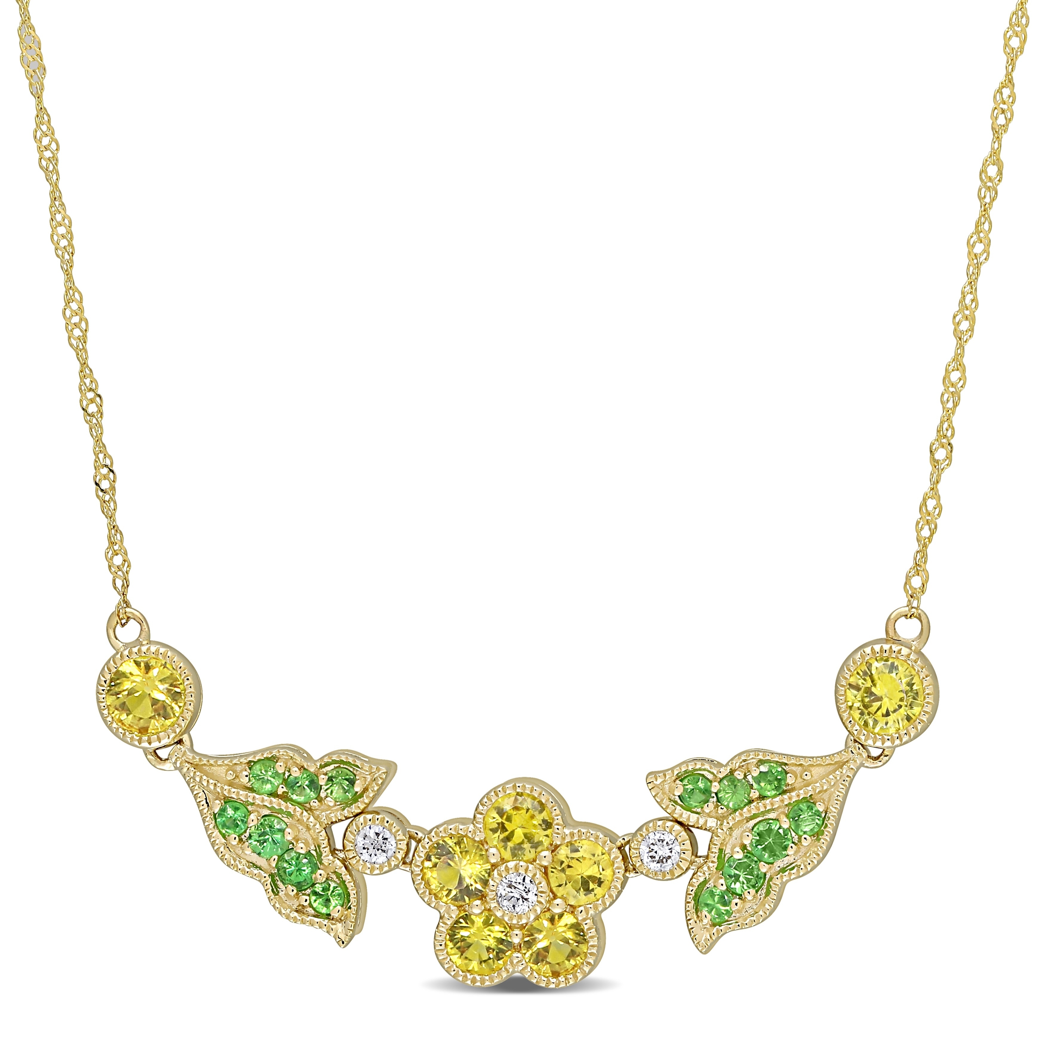 Miadora 10k Yellow Gold Yellow Sapphire and Tsavorite with Diamond Accents Floral Bar Necklace