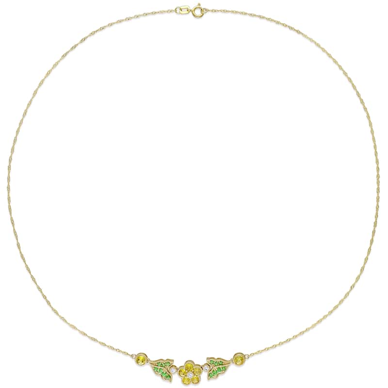 Miadora 10k Yellow Gold Yellow Sapphire and Tsavorite with Diamond Accents Floral Bar Necklace