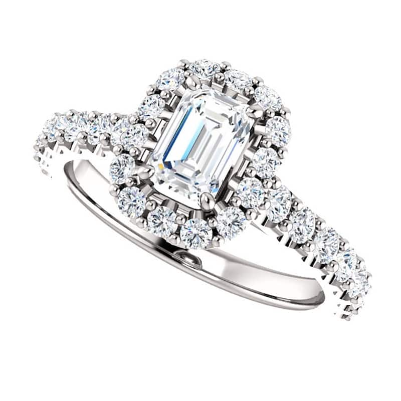 14k White Gold 1 3/4 Ct TDW Emerald Cut Halo Diamond Engagement Ring Clarity Enhanced