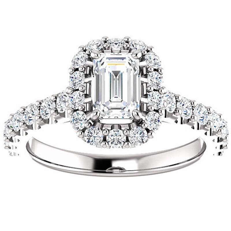 14k White Gold 1 3/4 Ct TDW Emerald Cut Halo Diamond Engagement Ring Clarity Enhanced