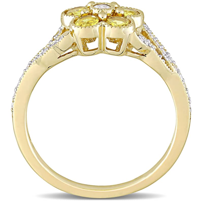 Miadora 10k Yellow Gold Yellow Sapphire and 1/6ct TDW Diamond Split Shank Flower Ring