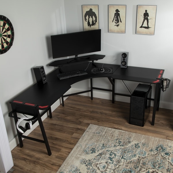 Minimalist L Shaped Gaming Desk Plans with Wall Mounted Monitor