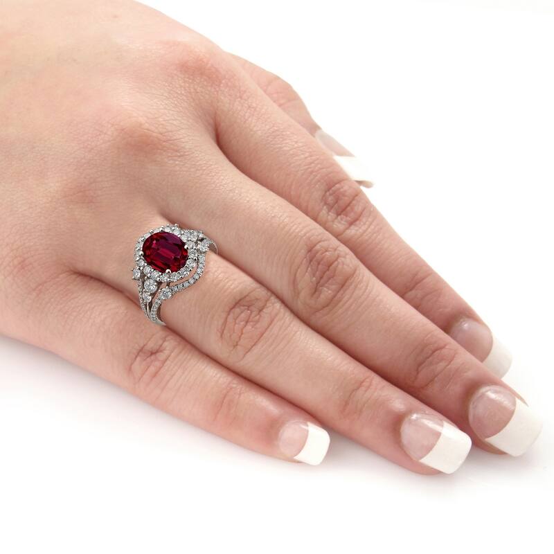 Auriya 2 7/8ct Oval-cut Red Ruby and Halo Diamond Ring 1 1/5ctw 18K Gold