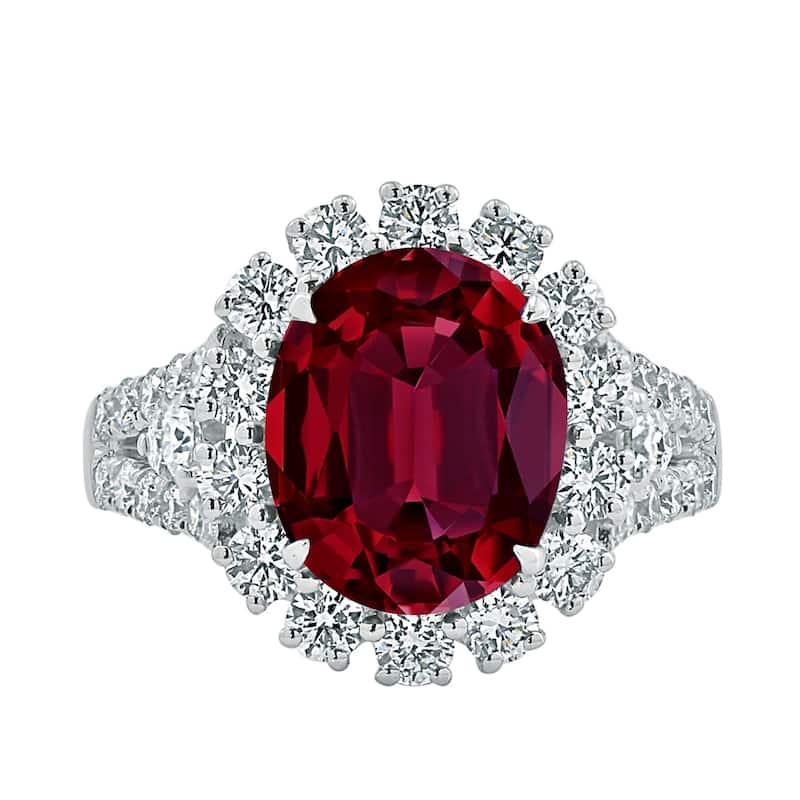 Auriya 4 7/8ct Oval-cut Red Ruby and Halo Diamond Ring 7/8ctw 18K Gold