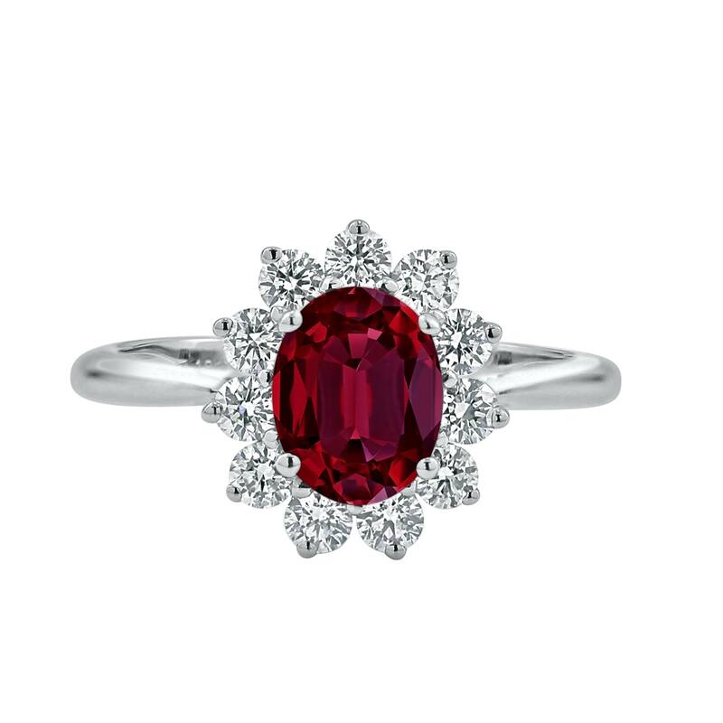 Auriya 1 3/8ct Oval Red Ruby and 5/8ctw Sunburst Halo Diamond Engagement Ring 18K Gold