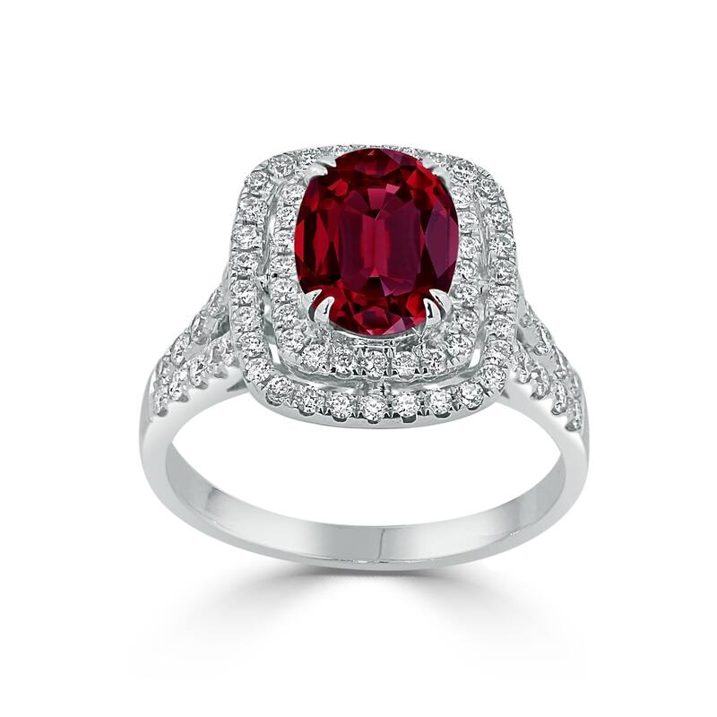 Auriya 2ct Red Ruby Oval-cut and Halo Diamond Engagement Ring 5/8ctw 18k Gold