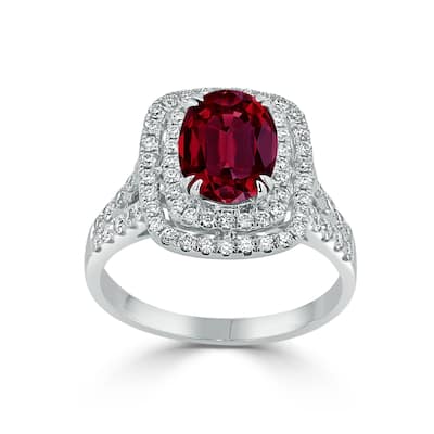 Auriya 2ct Red Ruby Oval-cut and Halo Diamond Engagement Ring 5/8ctw 18k Gold