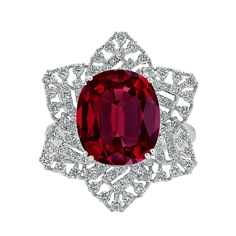 Auriya 8 1/3ct Oval Red Ruby and 9/10ctw Starburst Halo Diamond Ring 18K Gold
