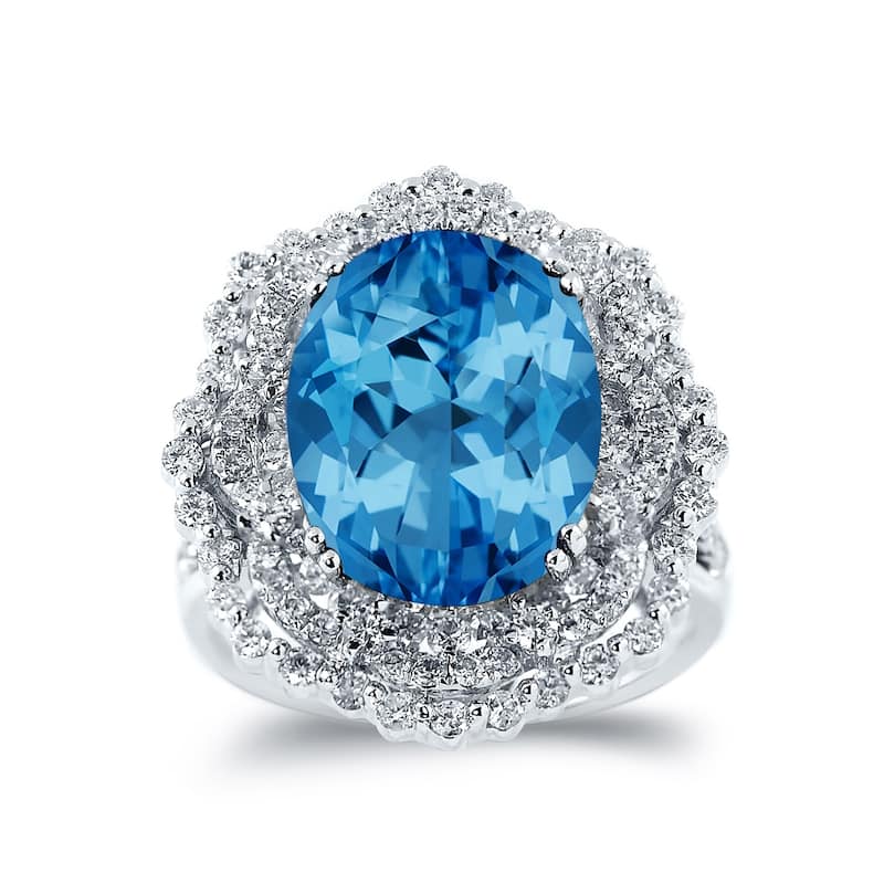 Auriya Unique 8 7/8ct Oval Blue Topaz Halo Diamond Ring 1 1/3ctw 18K Gold