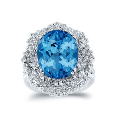 Auriya Unique 8 7/8ct Oval Blue Topaz Halo Diamond Ring 1 1/3ctw 18K Gold