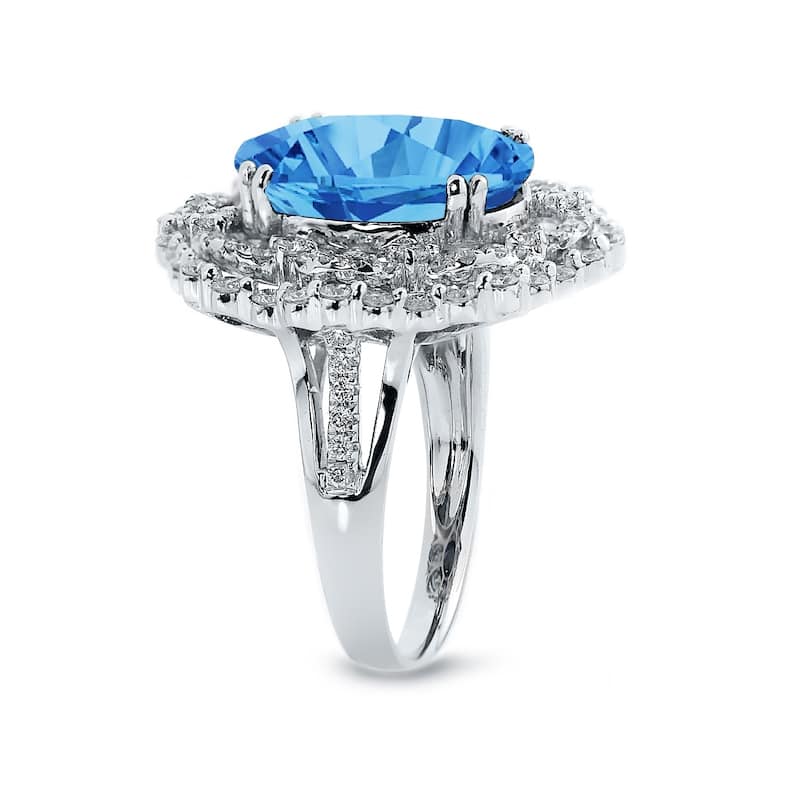 Auriya Unique 8 7/8ct Oval Blue Topaz Halo Diamond Ring 1 1/3ctw 18K Gold