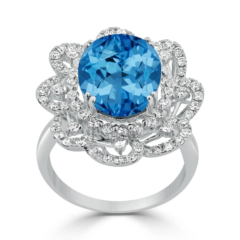 Auriya 8 7/8ct Oval-cut Blue Topaz Halo Diamond Ring 1 1/5ctw 18K Gold