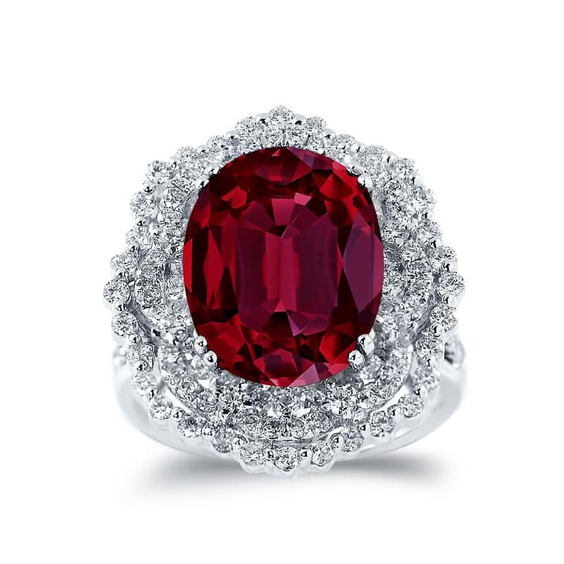 Auriya Unique 9 1/4ct Oval Red Ruby Halo Diamond Ring 1 1/3ctw 18K Gold