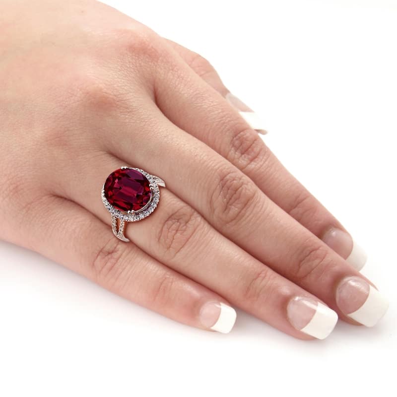 Auriya 10 3/8ct Oval-cut Red Ruby and Halo Diamond Ring 5/8ctw 18K Gold
