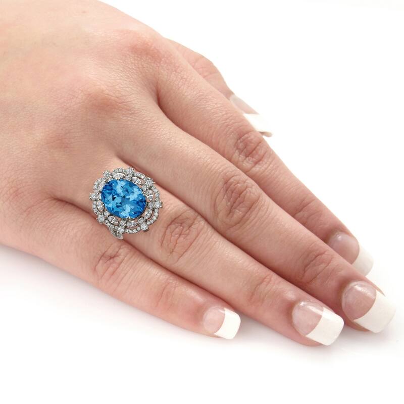Auriya Unique 8 7/8ct Oval Blue Topaz Double Halo Diamond Ring 1 1/2cttw 18K Gold