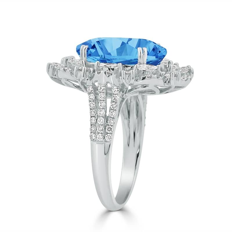 Auriya Unique 8 7/8ct Oval Blue Topaz Double Halo Diamond Ring 1 1/2cttw 18K Gold