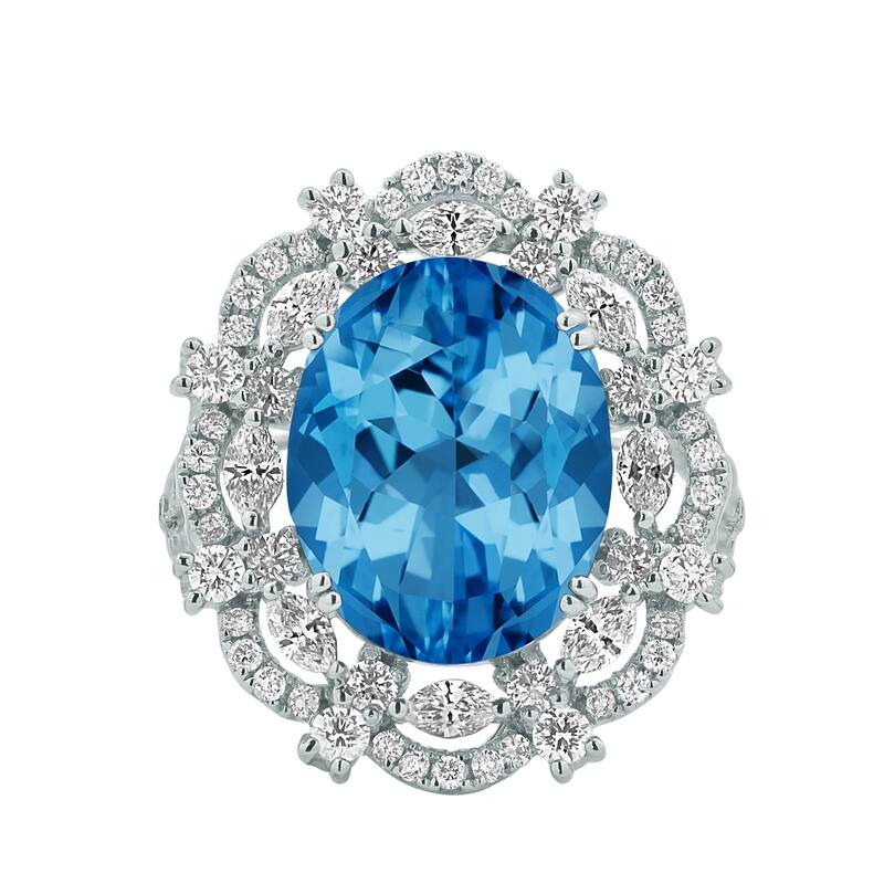 Auriya Unique 8 7/8ct Oval Blue Topaz Double Halo Diamond Ring 1 1/2cttw 18K Gold