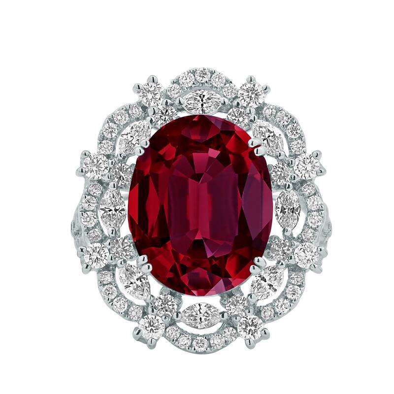 Auriya Unique 9 1/4ct Oval Red Ruby Double Halo Diamond Ring 1 1/2cttw 18K Gold
