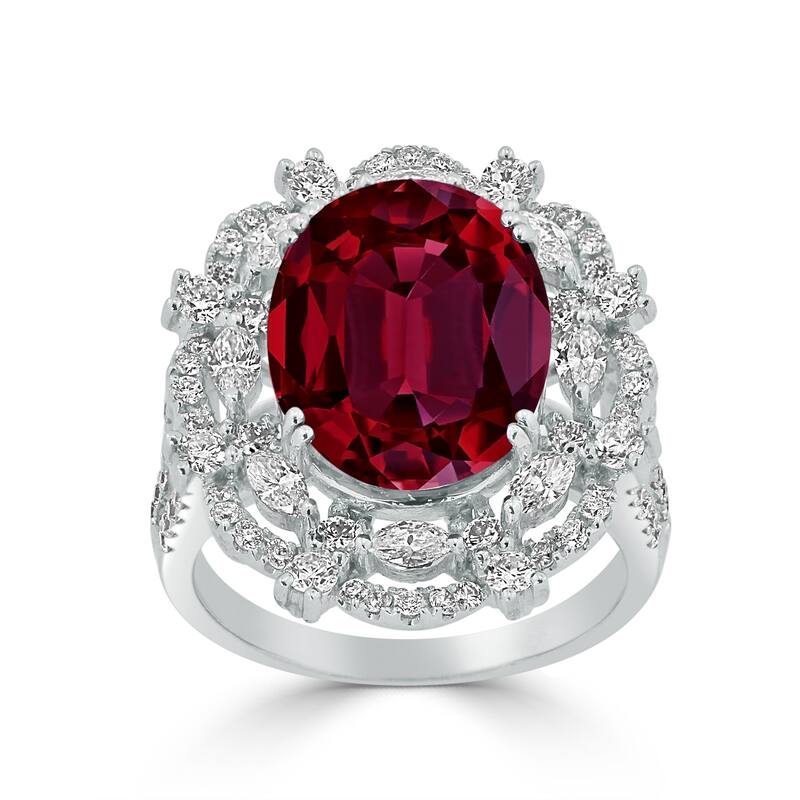 Auriya Unique 9 1/4ct Oval Red Ruby Double Halo Diamond Ring 1 1/2cttw 18K Gold