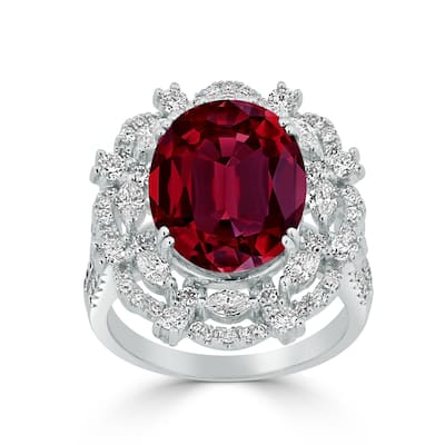 Auriya Unique 9 1/4ct Oval Red Ruby Double Halo Diamond Ring 1 1/2cttw 18K Gold