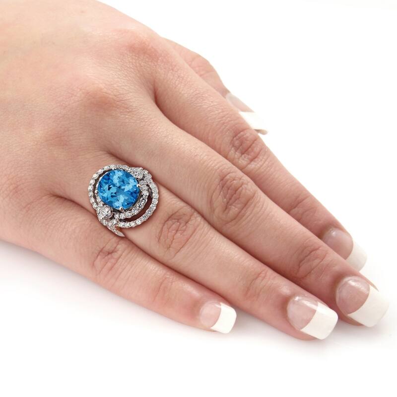 Auriya Unique 8 7/8ct Oval Blue Topaz Halo Diamond Engagement Ring 3ctw 18K Gold