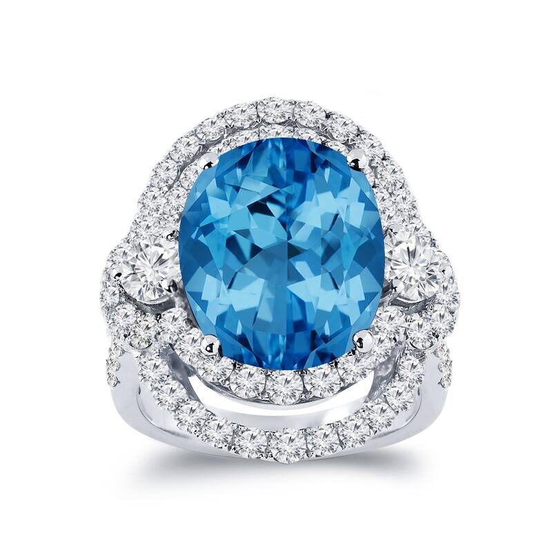 Auriya Unique 8 7/8ct Oval Blue Topaz Halo Diamond Engagement Ring 3ctw 18K Gold