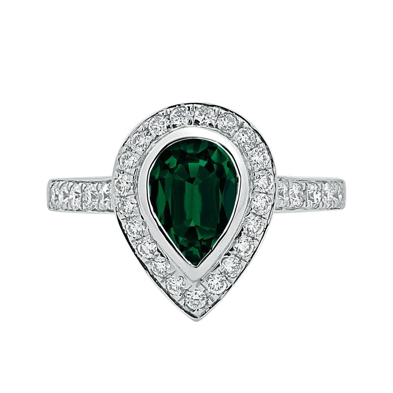 Auriya 1 1/5ct Pear Shape Green Emerald Halo Diamond Ring 5/8ctw 18K Gold