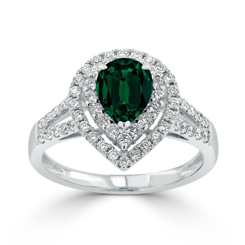 Auriya 1ct Pear-cut Green Emerald and Halo Diamond Ring 5/8ctw 18K Gold