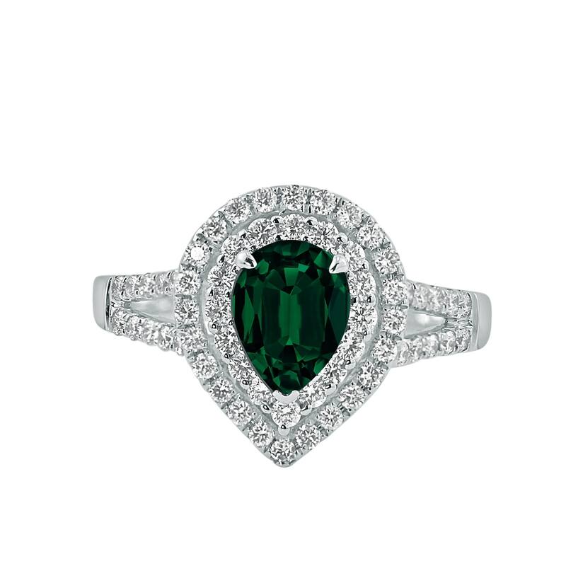 Auriya 1ct Pear-cut Green Emerald and Halo Diamond Ring 5/8ctw 18K Gold