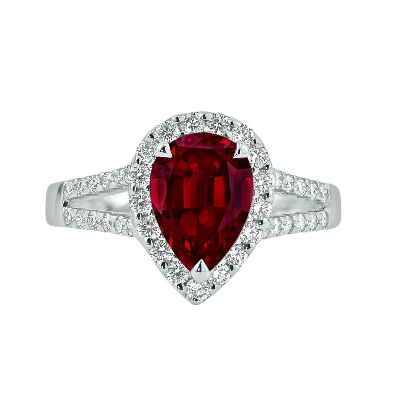 Auriya 2 1/5ct Pear Shape Red Ruby and Halo Diamond Ring 1/2ctw 18K Gold