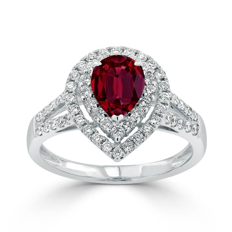 Auriya 1 1/3ct Pear-cut Red Ruby and Halo Diamond Ring 5/8ctw 18K Gold
