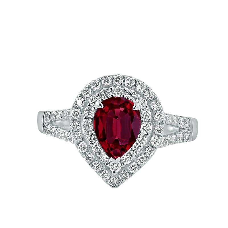 Auriya 1 1/3ct Pear-cut Red Ruby and Halo Diamond Ring 5/8ctw 18K Gold