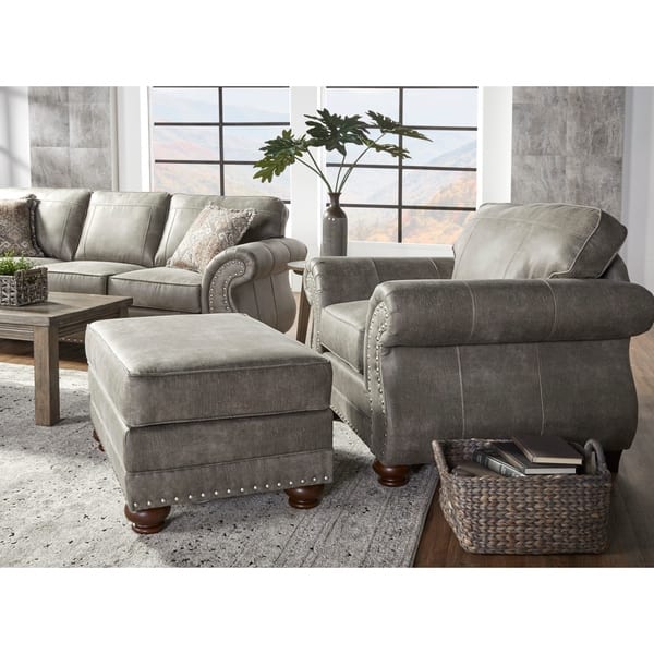 Shop Leinster Faux Leather Upholstered Nailhead Chair And Ottoman In Stone Gray On Sale Overstock 28287293