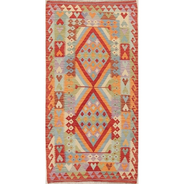 Turkish Kilim Hand-Woven Diamond Oriental Modern Wool Runner Rug - 6'7" x 3'4" Runner