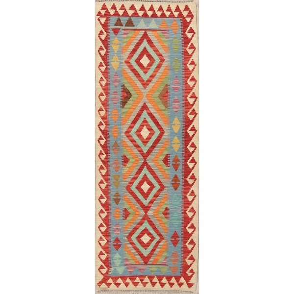 Southwestern Diamond Oriental Kilim Wool Hand Woven Persian Runner Rug - 6'6" x 2'4" Runner