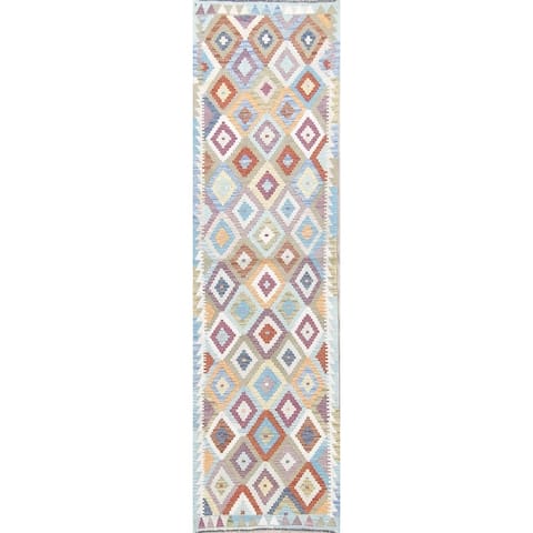 Southwestern Persian Kilim Wool Hand Woven Diamond Oriental Runner Rug - 9'5" x 2'7" Runner