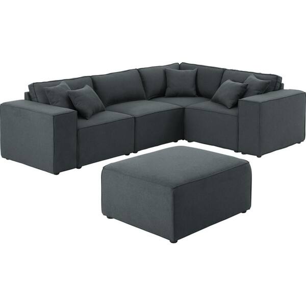 Copper Grove Ede Dark Grey Linen Modular Sectional Sofa with Ottoman - Reversible