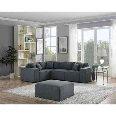 Copper Grove Ede Dark Grey Linen Modular Sectional Sofa with Ottoman