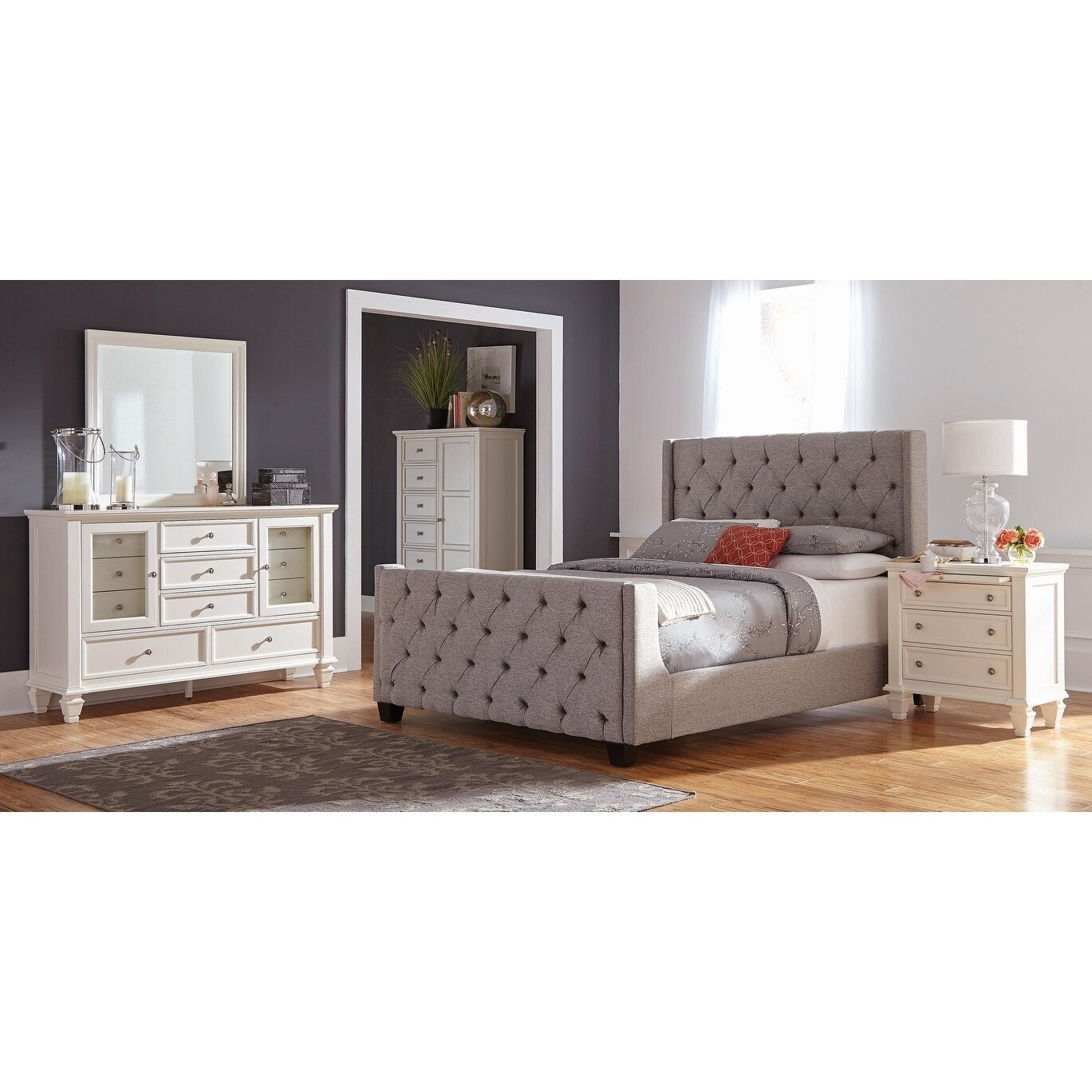 Hadley Grey And White 3 Piece Upholstered Bedroom Set With Chest