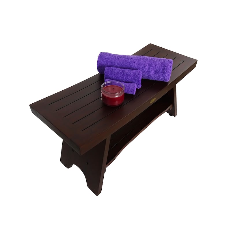 DecoTeak Serenity 35" Solid Teak Shower Bench Stool With Shelf in WoodLand Brown Finish