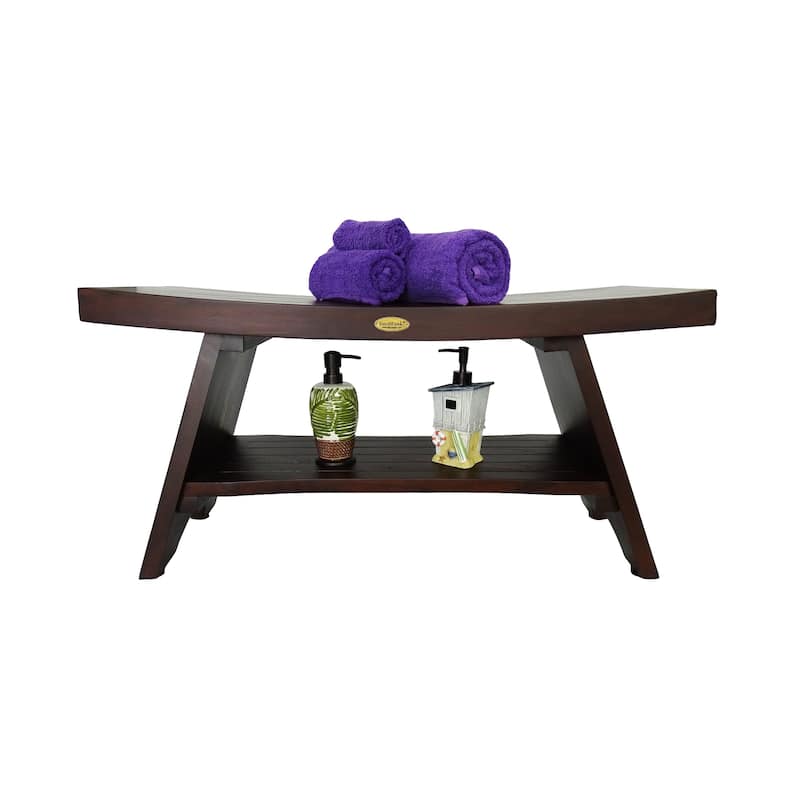DecoTeak Serenity 35" Solid Teak Shower Bench Stool With Shelf in WoodLand Brown Finish
